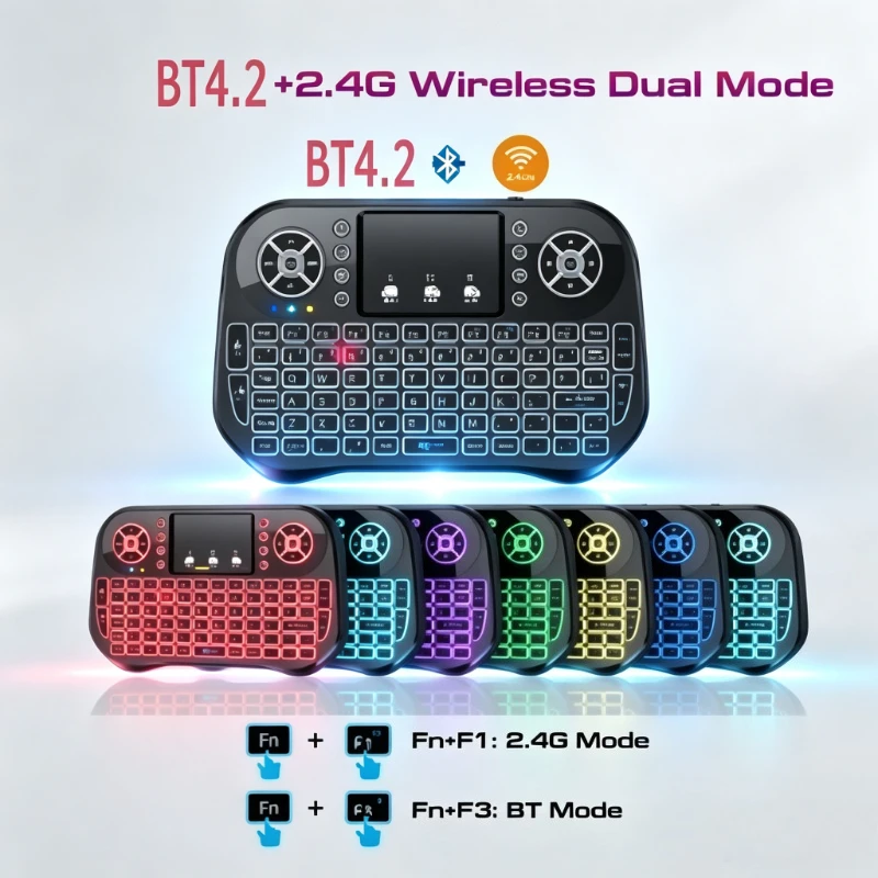 I10 i8 Wireless Mini Keyboard Dual Mode BT4.2 2.4G Remote Backlit 7 Color Touchpad Air Mouse for Android TV Box PC Projector Pad