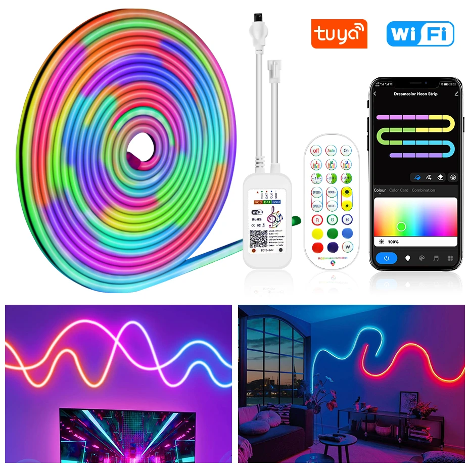 

Waterproof Tuya WiFi 12V RGBIC Neon Light Led Strip 96LEDs/m 2m 3m 5m Dreamcolor Cuttable Neon Led Tape Work Alexa Google Home