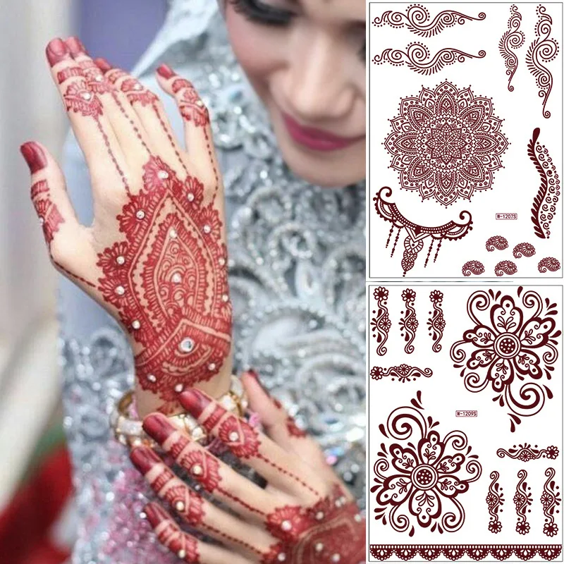 Red Lace Henna Tattoo Sexy Maroon Tattoo Stickers Waterproof India Mehndi Design Temporary Tattoos Finger Hand Tattoo For Women