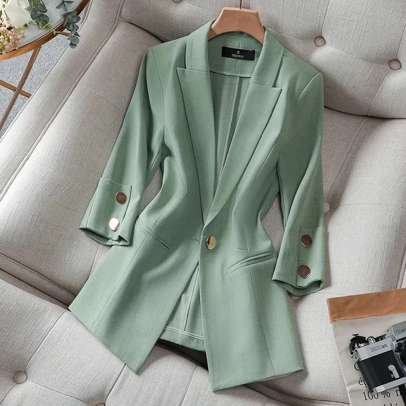 2022 Summer Solid Color Elegant Green Blazer Casual Thin Women Jacket Women\'s Korean Style V-neck Office Lady Suit Coat