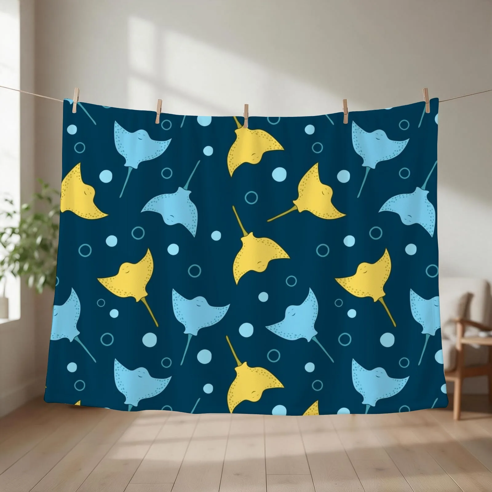 Stingray pattern on dark blue background Throw Blanket couch cozy soft plush fuzzy picnic outdoor blanket