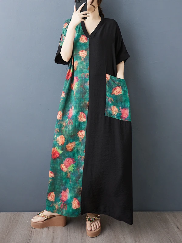 

Slimming Long V-Ne ort Sve Cotton Linen Blend Thin Dr for plus Size Women een Floral Print Casual Summer Dr