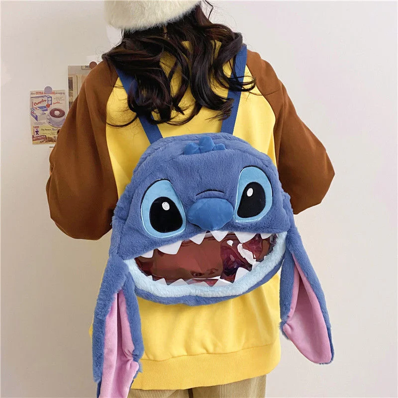 Disney Stitch Plush Doll Crossbody Bag Y2K Women's Perspective Trendy 3D Cartoon Doll Backpack Cute Zipper Fluffy Tote Bag