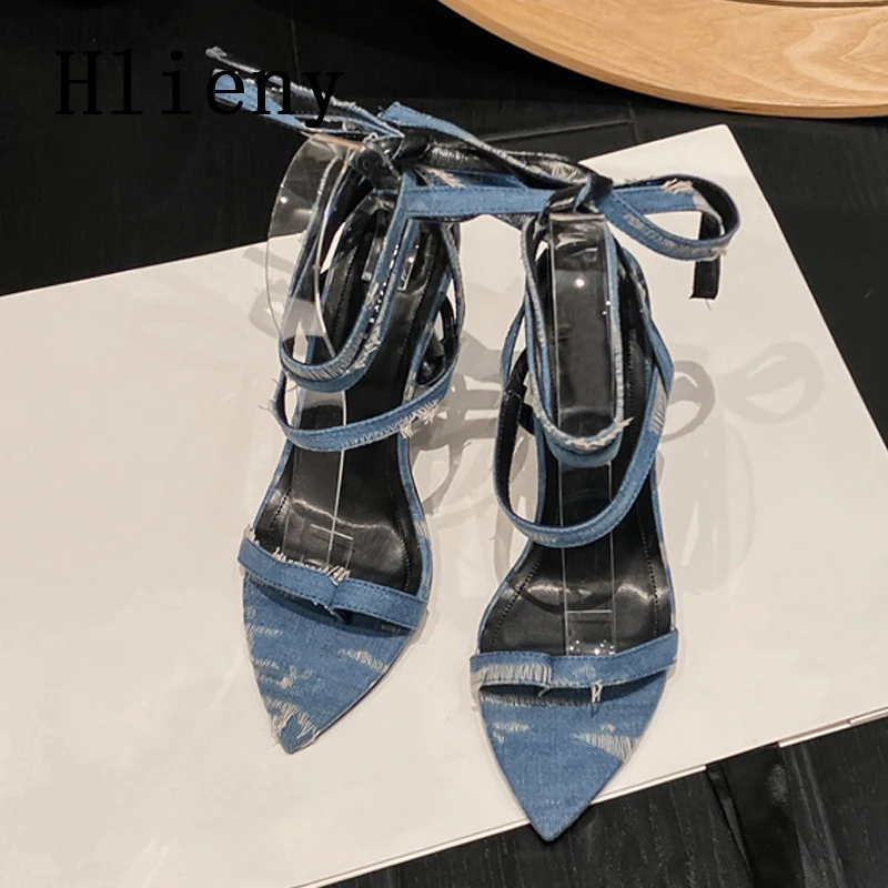 Hlieny Sexy Pointed Toe Women Lace-up Sandals Fashion Denim Ankle Strap Summer Gladiator Party Stripper Thin High Heels Shoes