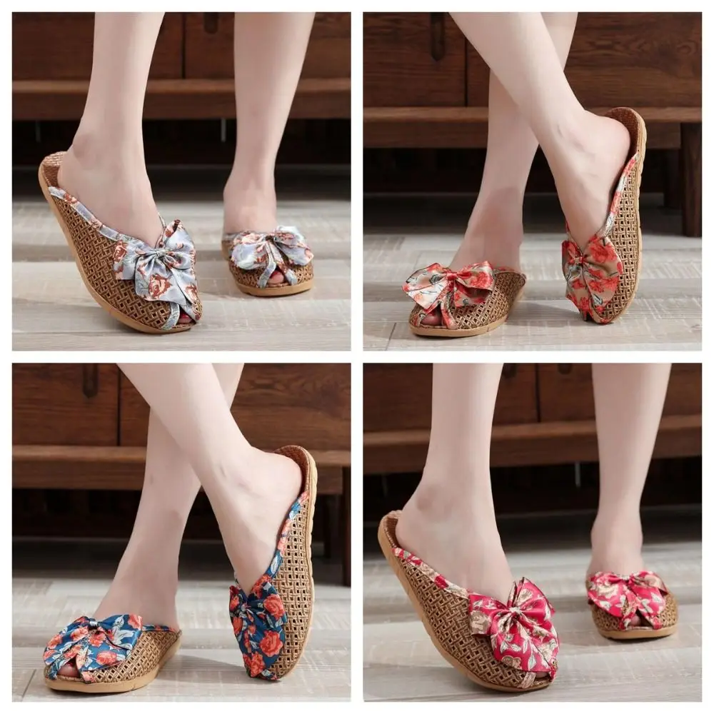 

Breathable Sweet Bow Linen Slippers Flat Peep-toe Closed-toe Sandals Non-Slip Beachwear Straw Weaving Slippers Women