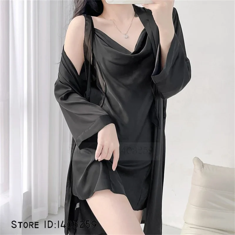 Nightdress Two Piece Set Loose Homewear Female Nighty&Robe Set Sexy Ice Silk Sleepwear Spring Summer New Kimono Bathrobe Gown