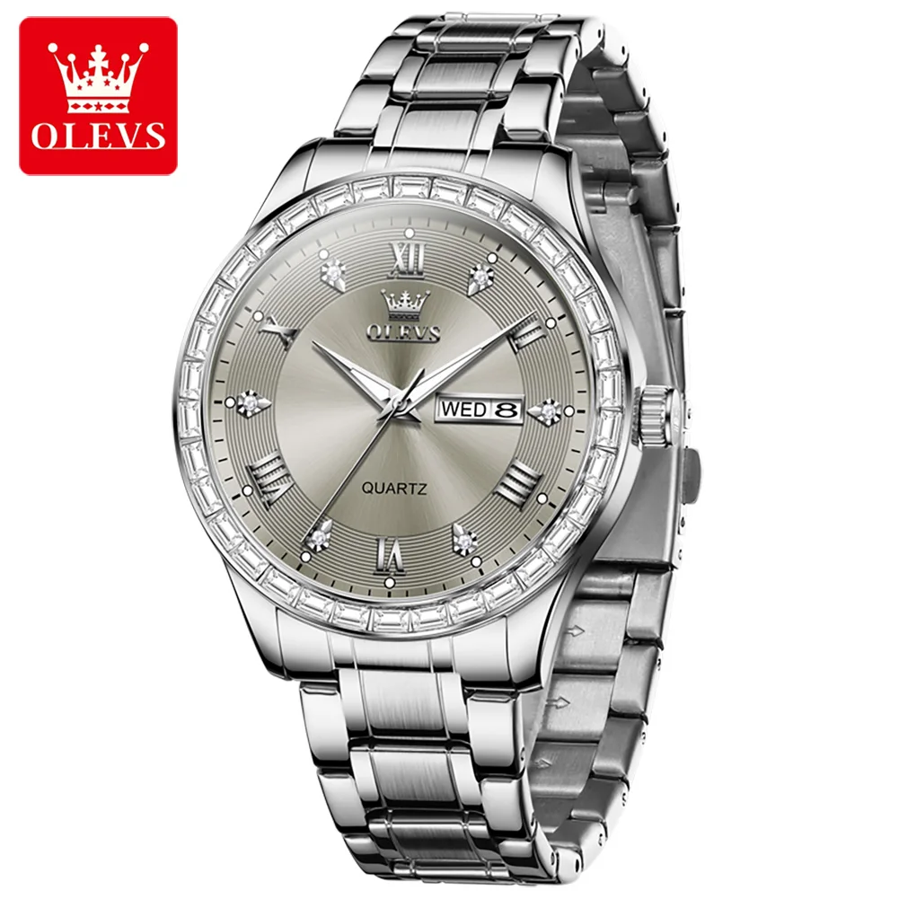 OLEVS 9906 Square Diamond Men's Quartz Watch Stainless Steel Strap Waterproof Dual Calendar Luxury Original Business Wristwatch