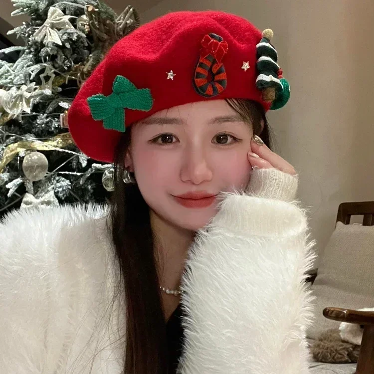 Rot Grün Baskenmütze Weibliche Winter Kopfbedeckung Weihnachten Party Dress Up Neujahr Geschenke Süße Mädchen Wolle Tweed Baskenmütze Mütze Frauen Weihnachten Hut