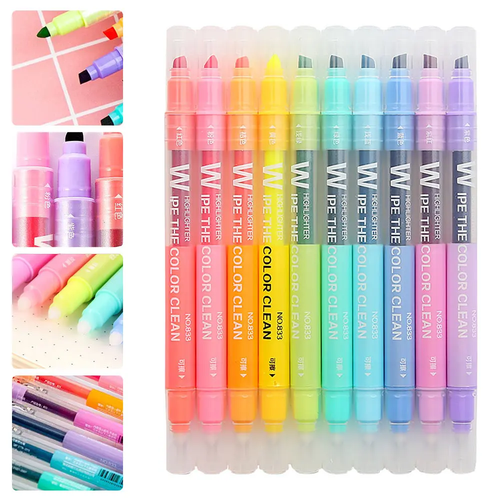 

10Pcs Colorful Double Head Erasable Highlighters Narrow Chisel Tip Note Taking Markers for Students School Office Supplies