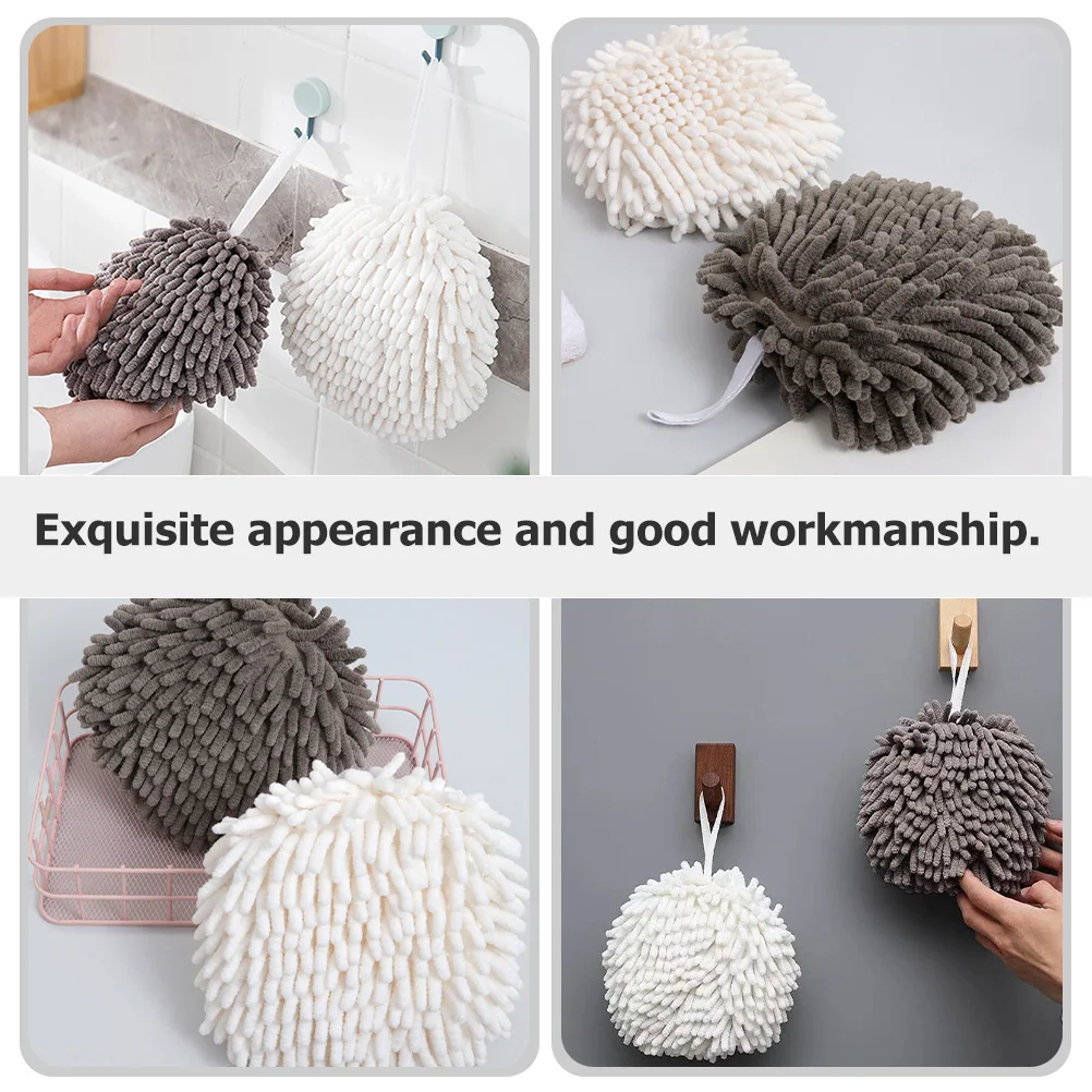 

2Pcs Chenille Hand Towel Absorbent Quick Dry Ball Shape Hanging Lanyard for Bathroom Kitchen Home Travel Use Hand Towels