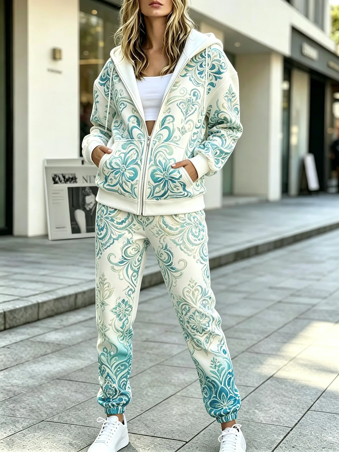 Autumn and winter women's zipper sweater and pants set with 3D printing comfortable soft casual fashionable street wear