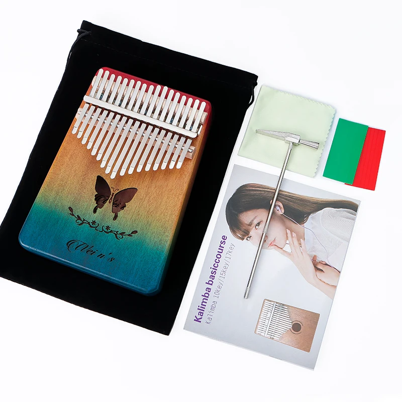 Kalimba Thumb Piano 17 21 Keys Butterfly Rainbow Mahogany Wood Kalimba Tune Hammer Unique Gift for Kids Adult Beginners