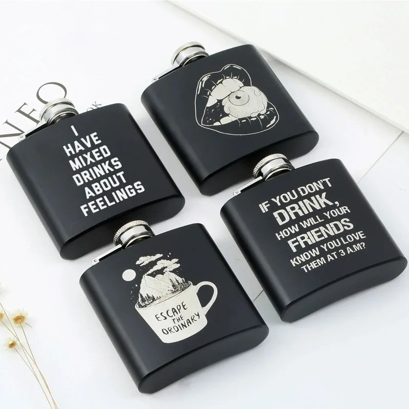 Personalized 6oz Logo Hip Flask Custom Photo Stainless Steel Black Hip Flask with Screw Down Cap Best Gift Portable Hip Flask