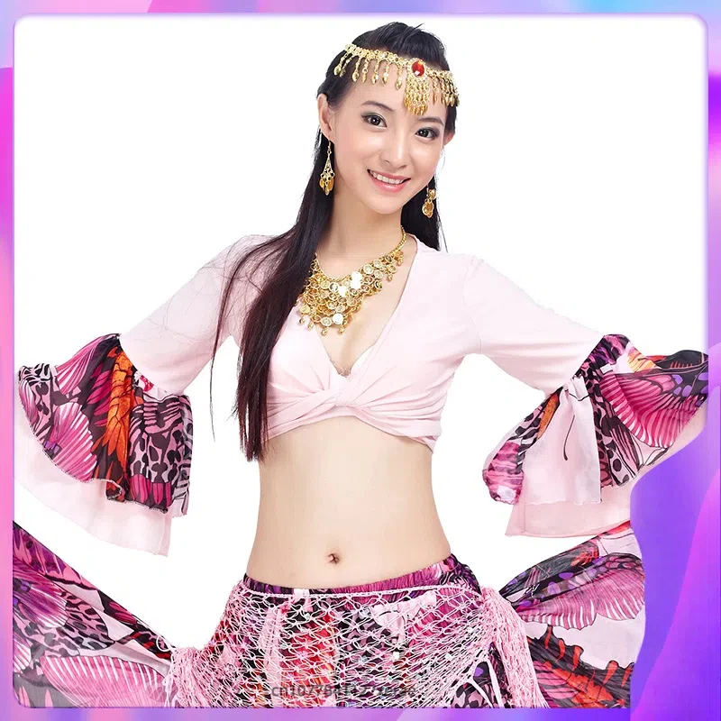 Conjunto de saia grande flor feminina para performance de dança do ventre, saia de dança do ventre de 720 graus, manga longa, conjunto de saia grande de balanço