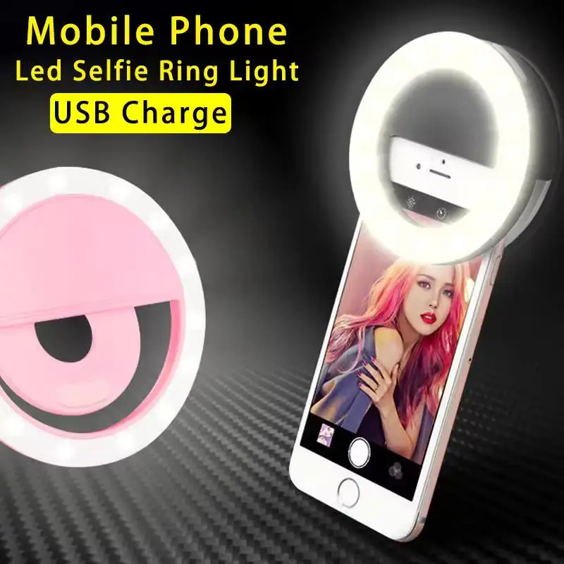 1pc LED Selfie Ring Light Phone Camera Fill Light Adjustable Brightness with USB Charge Cable for iPhone Samsung Xiaomi Huawei