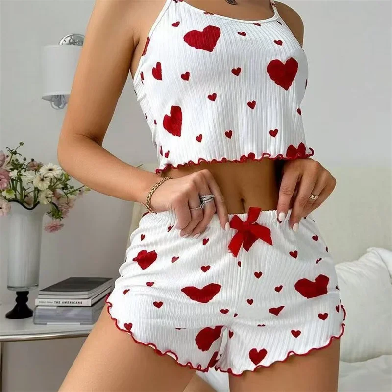 5 Size S M L XL 2XL Choose Women's Pajamas Set Straps Sleepwear Vest + Shorts Red Heart Print Nightwear Sexy Lingerie