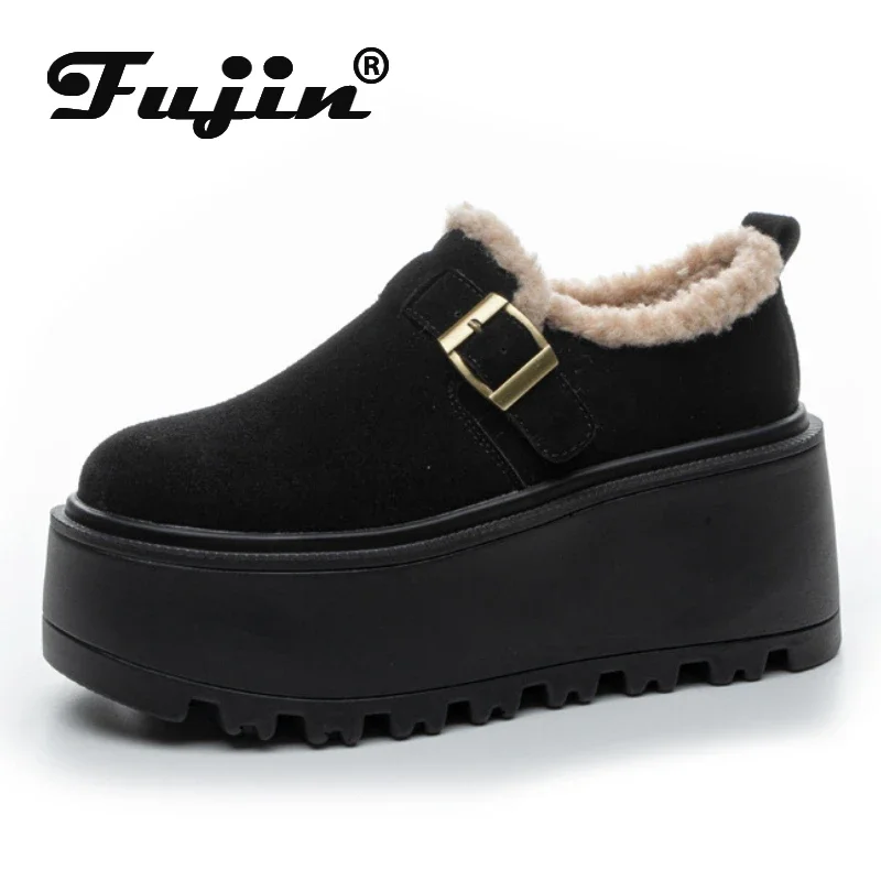 Fujin 8cm Suede Genuine Leather Chimney Ankle Booties Moccasins Ladies Winter Plush Spring Women Platform Wedge Autumn Shoes