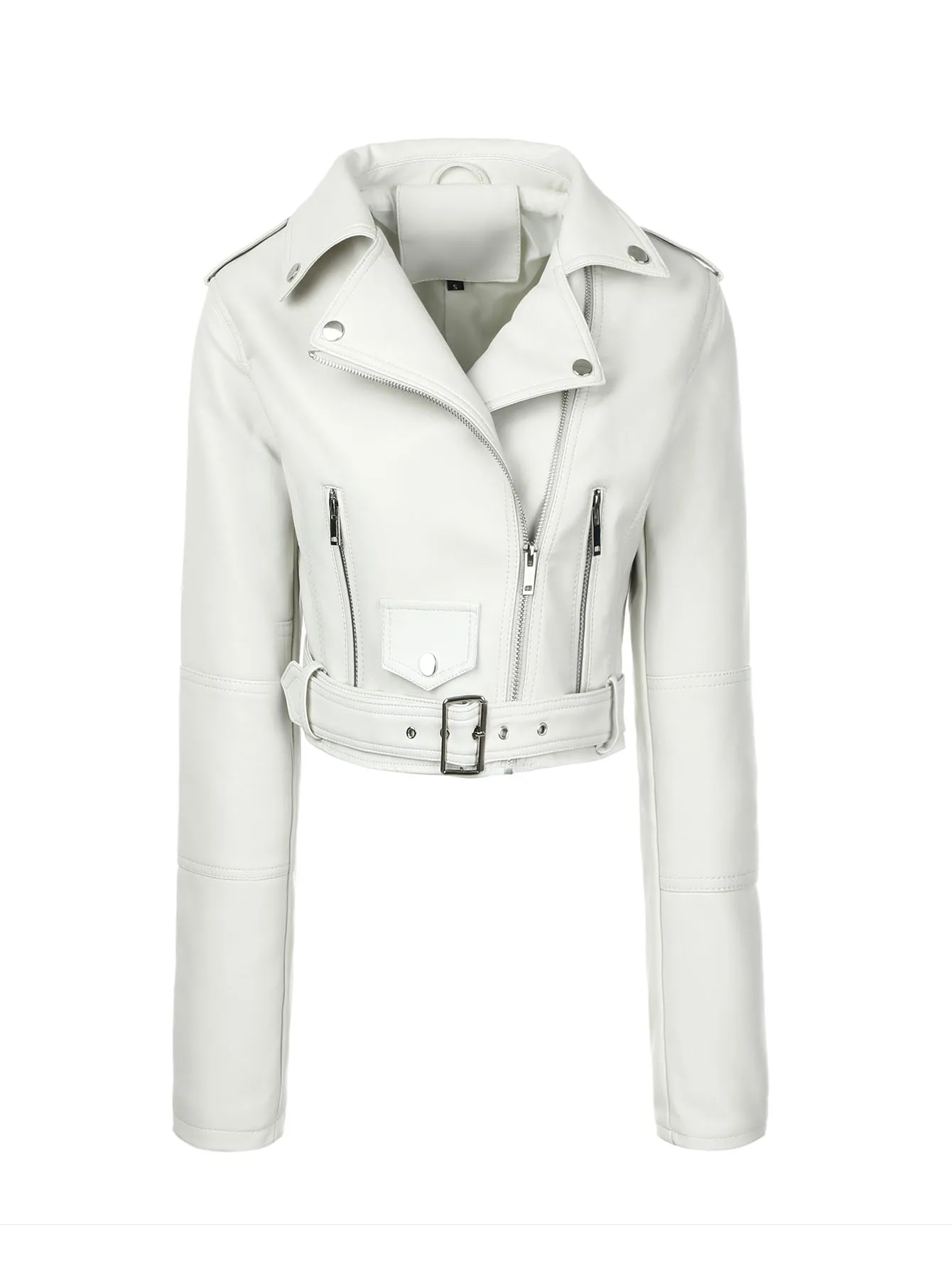 ​ ​   Giacca da motociclista in PU con cintura regolabile da donna: cucitura posteriore slim fit e accenti argento |     2 tasche |     Marrone/Nero/Bianco |     3 stagioni ​ ​