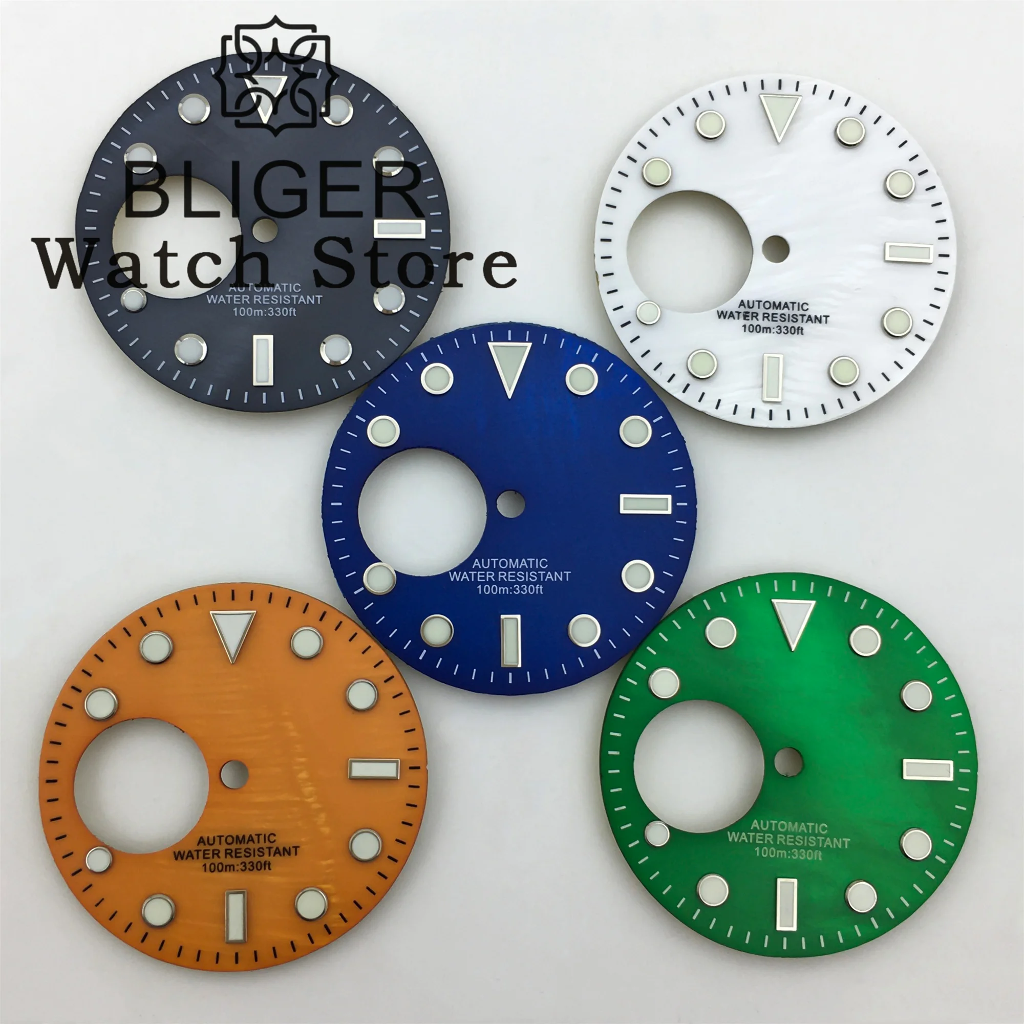 BLIGER 29mm NH38 Watch Dial Black blue white Green Orange shell Dial Green Luminous Fits NH38 Movement