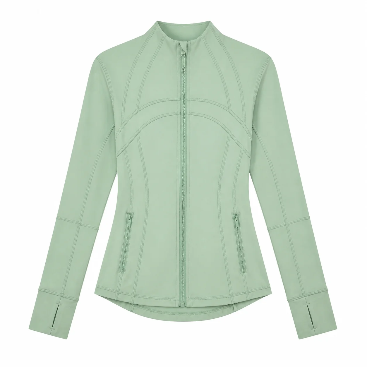 Women's Mint Green Slim Fit Full Zip Sports Jacket Stand Collar Long Sleeve Running Yoga Workout Outerwear Style P043