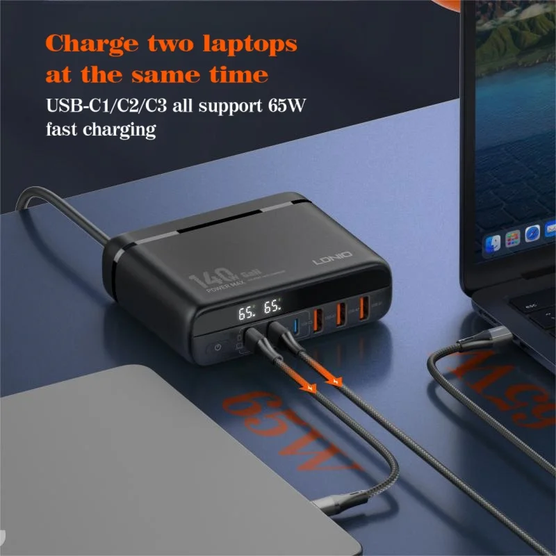 LDNIO Gan 140W Fast Charger Type C Digital Display Cellphones USB Charging For Xiaomi 14 Iphone Charge EU US UK Convertible Plug