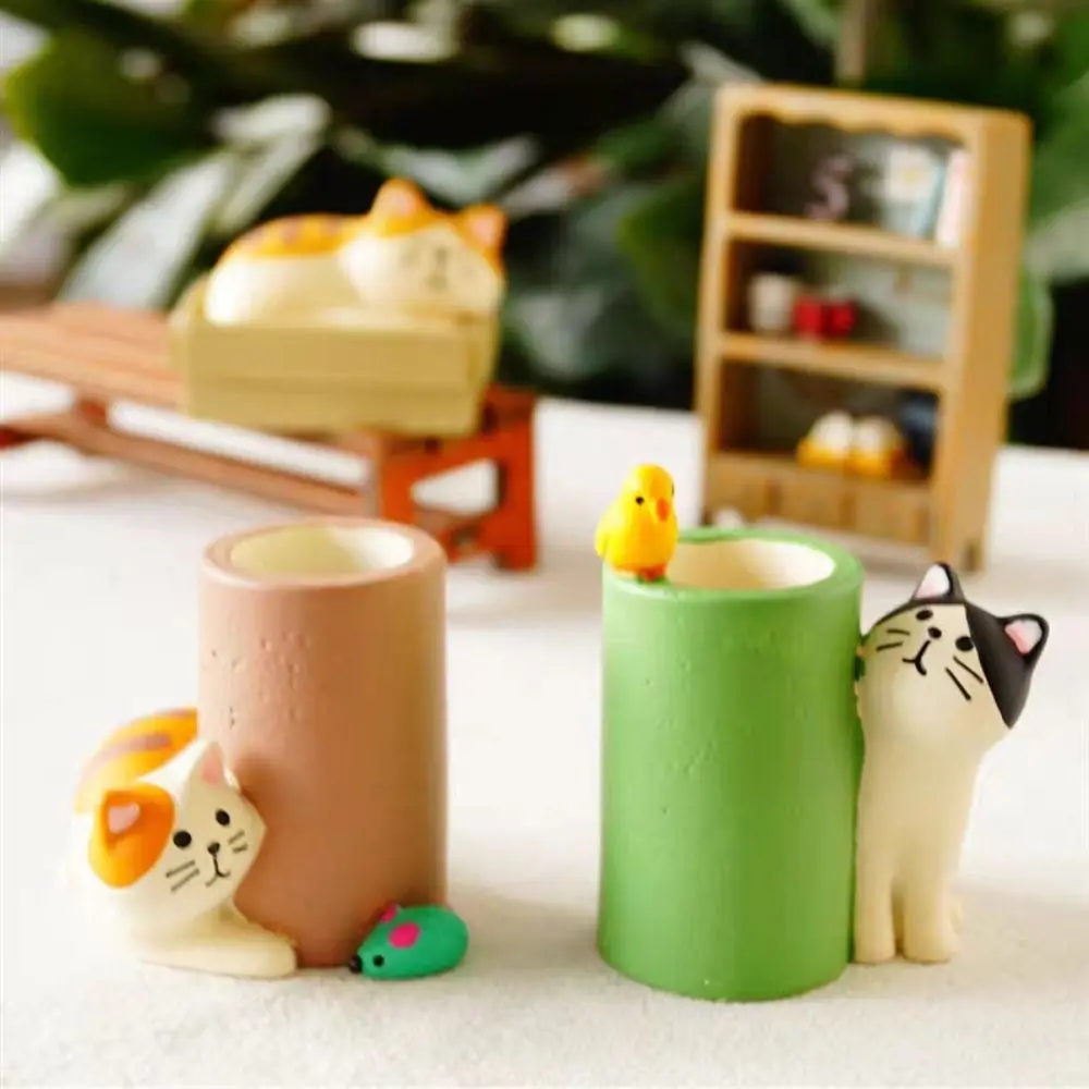 

Cat Ornaments Desk Pen Holder Resin Small Desk Organizer Single Pencil Holder Makeup Brush Holder Cute Cat And Mouse
