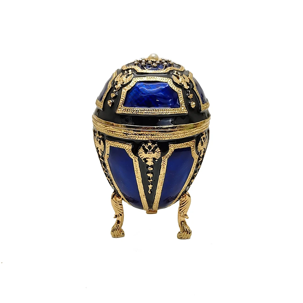Vintage Blue Gold Faberge Egg Music Box Enamel Trinket Box, Mechanical Jewelry Storage Case, Elegant Gift Home Decor Ornament