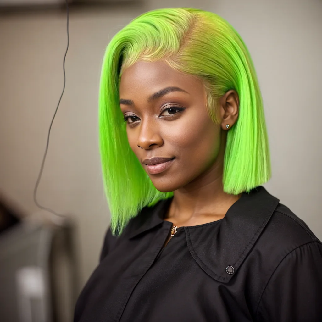 라임 그린 인모 가발, 13 × 4 레이스 프론트 가발, 아기 머리 180% 밀도 짧은 밥 표백 매듭 컬러