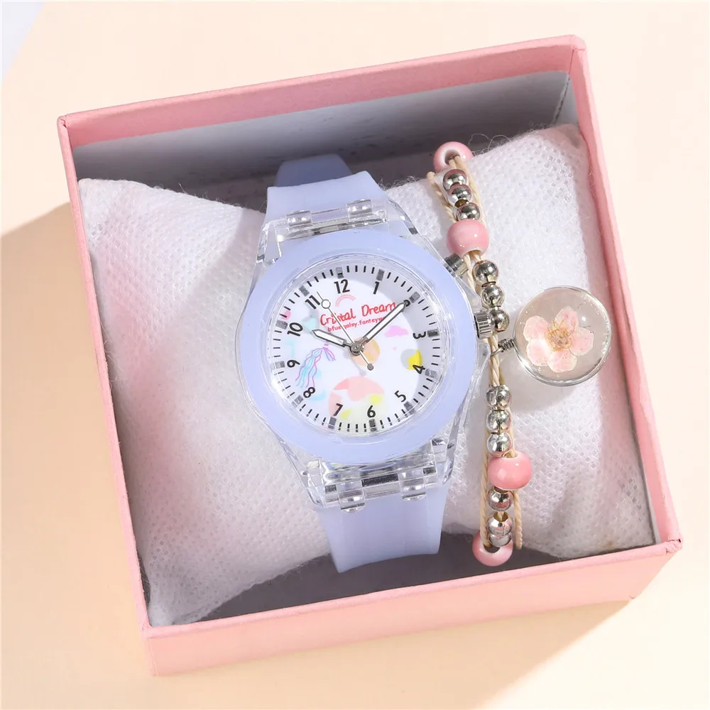 Children Watches Glow at Night Quartz CLOCK Silicone Band Cute Girls Primary School Wristwatch With Bracelet