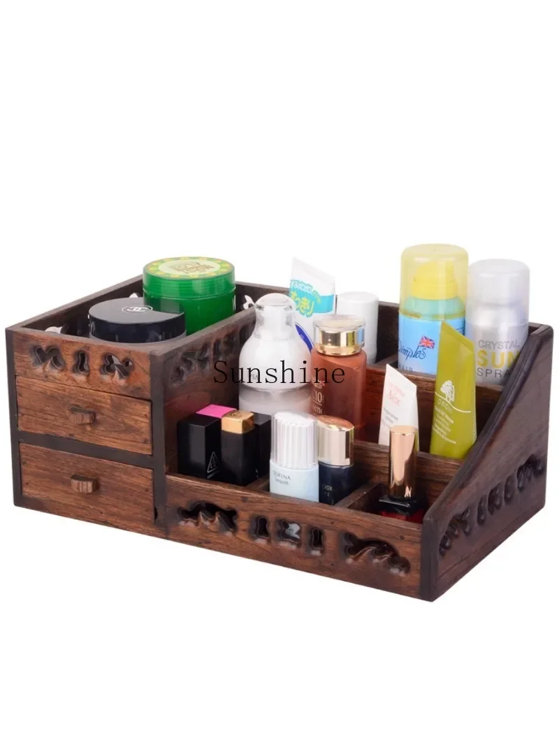 Retro solid wood dresser, cosmetics storage box, skin care products, lipstick, multi-functional wooden drawer storage box