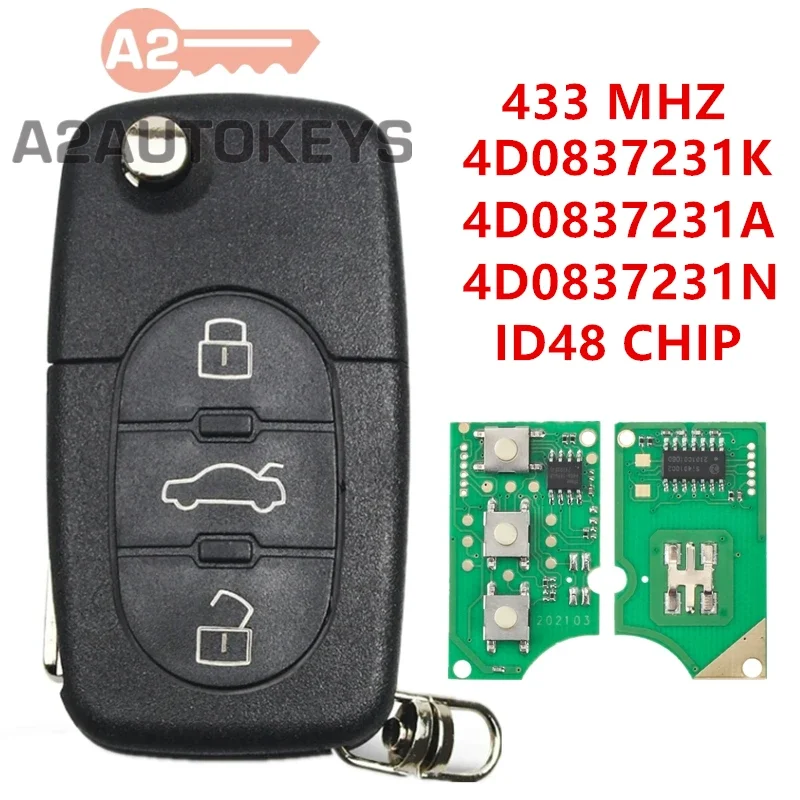 A2AUTOKEYS 4D0837231A 4D0837231K 4D0837231N 433Mhz 3 Button ID48 Chip Car Remote Key For Audi A3 A4 A6 A8 TT RS4 Quattro