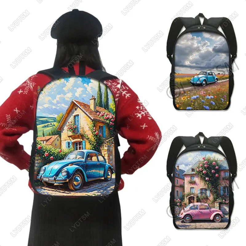 Vintage Car Rural Landscape Print Backpack Retro Car School Bag for Teenager Women Rucksack Laptop Pack Book Bag Daypack