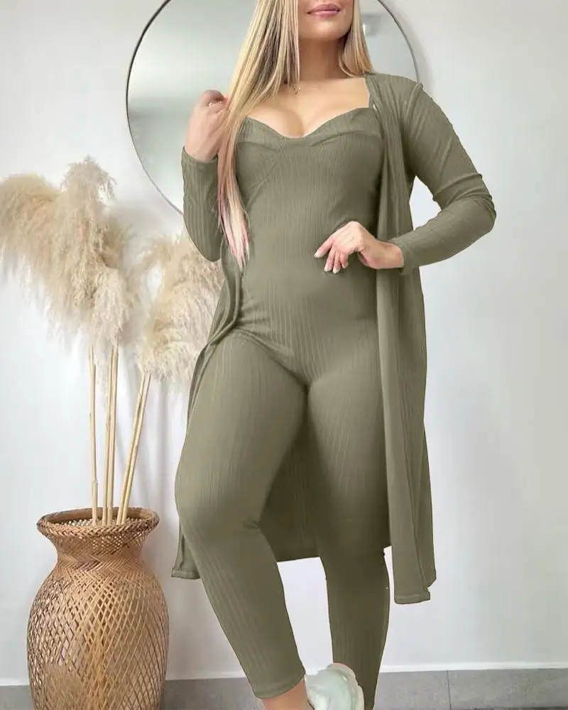 Elegant 2-Piece Sets for Women Matching Sets Solid Color Pit Stripe V-Neck Camisole Jumpsuit Sweatpants Set Cardigan Pants Set