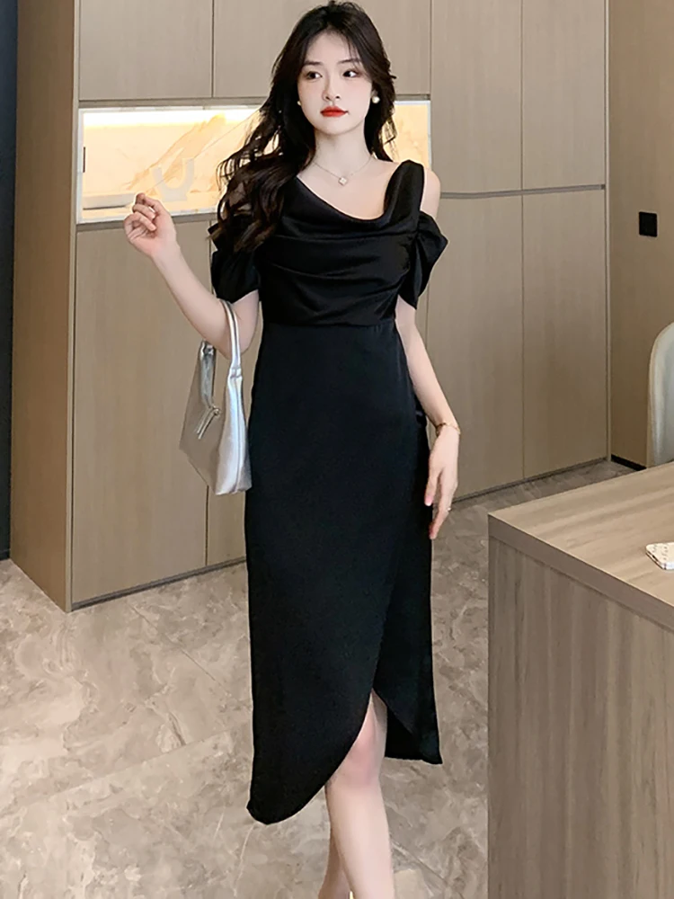 Robe en Satin noir Chic, épaules dénudées, Sexy, écharpe, Vintage coréen, Hepburn, vêtements de bal, été, élégante, robe de nuit de luxe, 2025