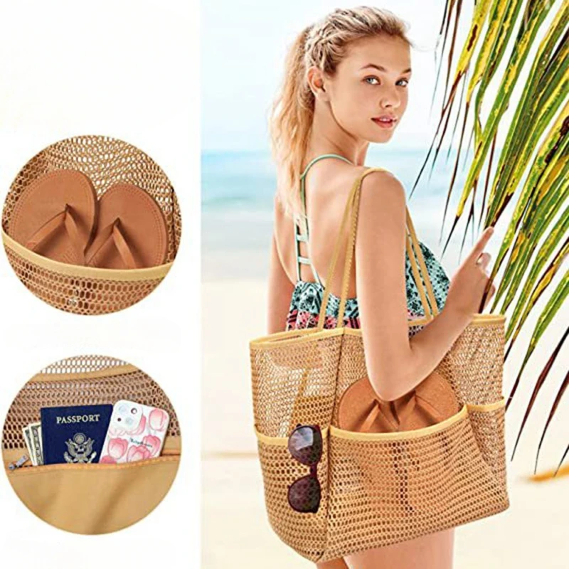 New Women Swimming Beach Mesh Bag Ladies Shoulder Bag Large-capacity Travel Portable Storage Bag Stylish Multifunction Handbag