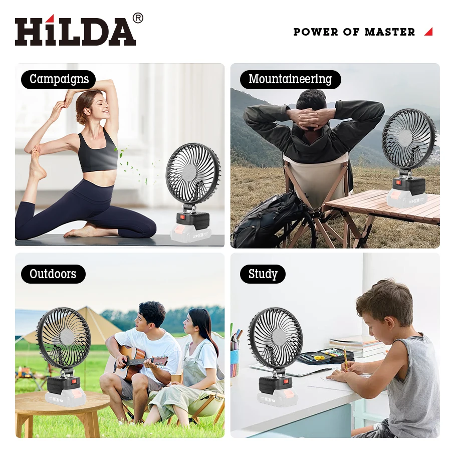 هيلدا مروحة كهربائية ليثيوم سوداء تناسب ماكيتا 21 فولت، شفرة مروحة كبيرة 90 °   تعديل درجة مروحة هادئة محمولة مروحة رياح قوية