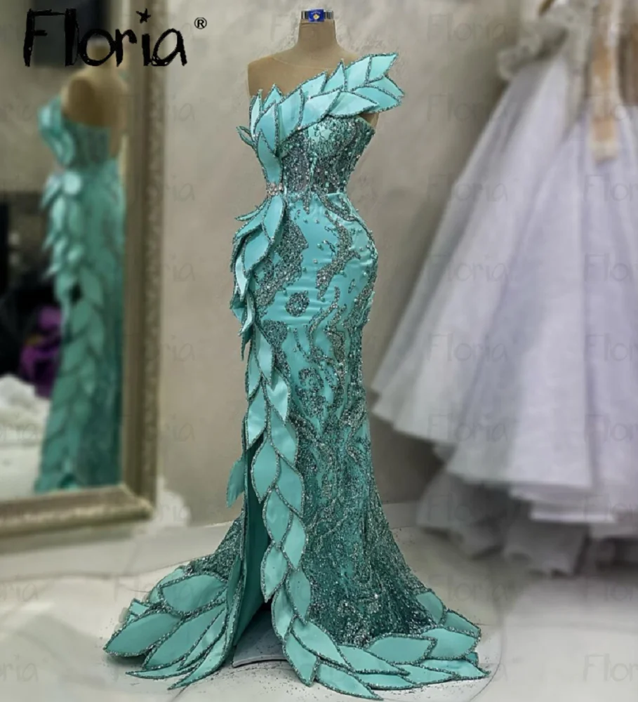 2023 Formal Prom Party Dress Leaf Design Glitter Mermaid Long Celebrity Dresses Luxury Evening Dresses Robe Soirée Female Arabic