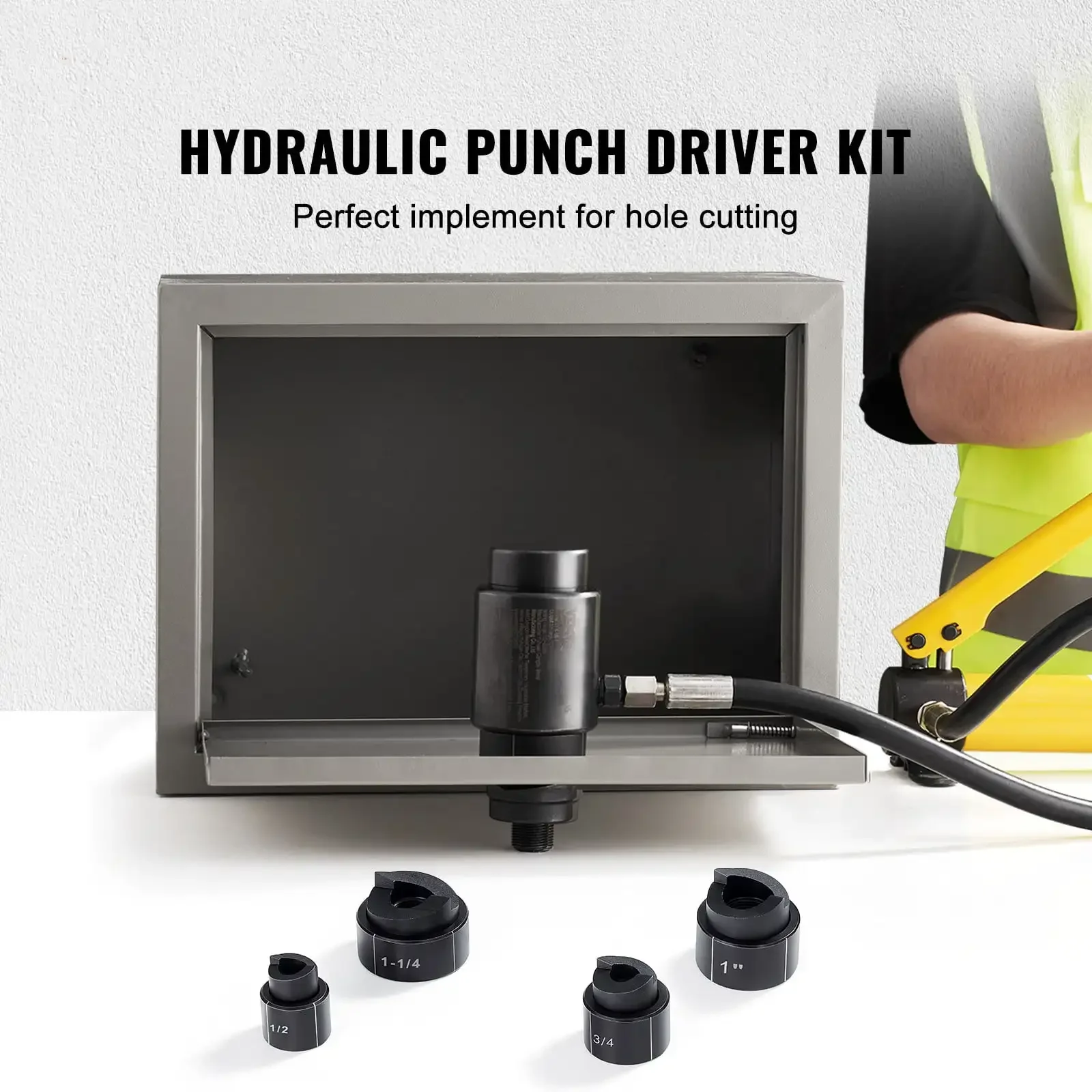 Hydraulic Knockout Punch Driver Kit Hole Tool 4 Die 1/2", 3/4", 1", 1-1/4"