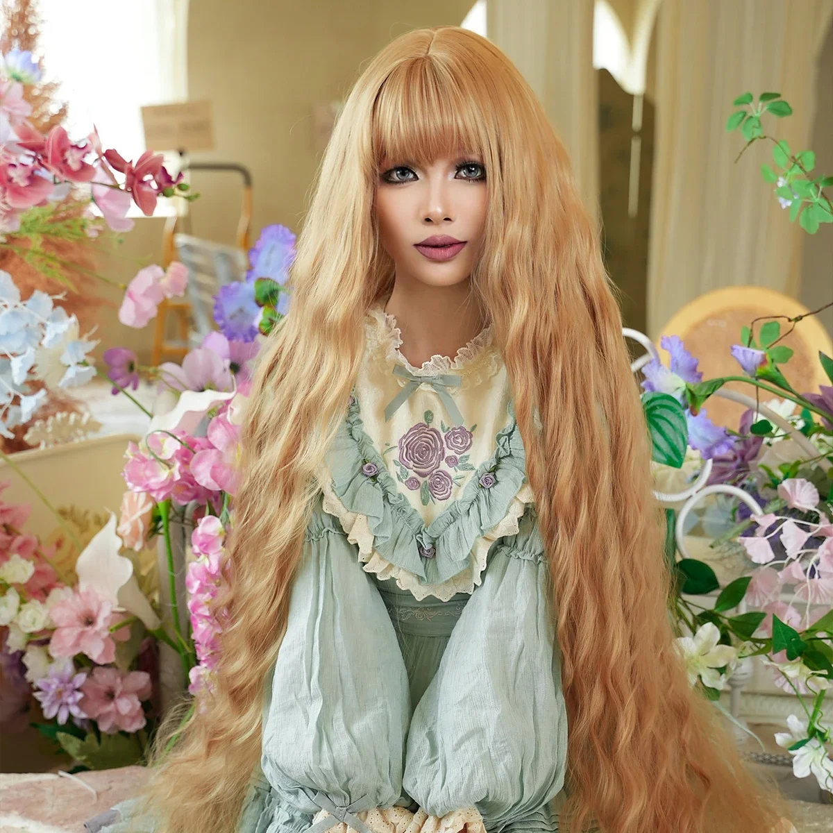 PARK YUN Extra Long Blonde Cosplay Wig With Bangs Loose Long Curly Blonde Lolita Wig For Women Party  Rapunzel Use 44 Inch