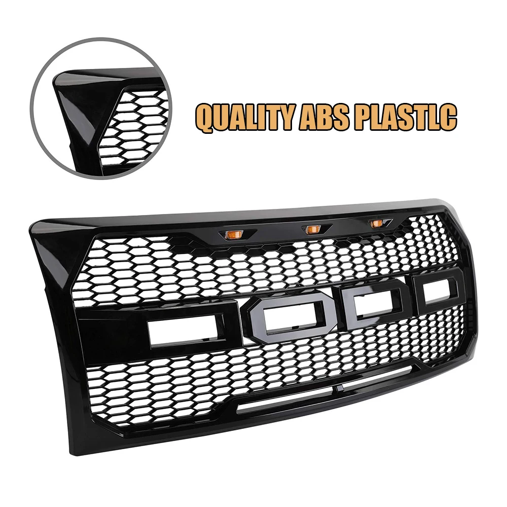 For Ford F150 2009~2014 Pickup Auto Parts Custom Bright Black Front Car Mesh Grille Trim Replacement Grill Raptor Style With Led