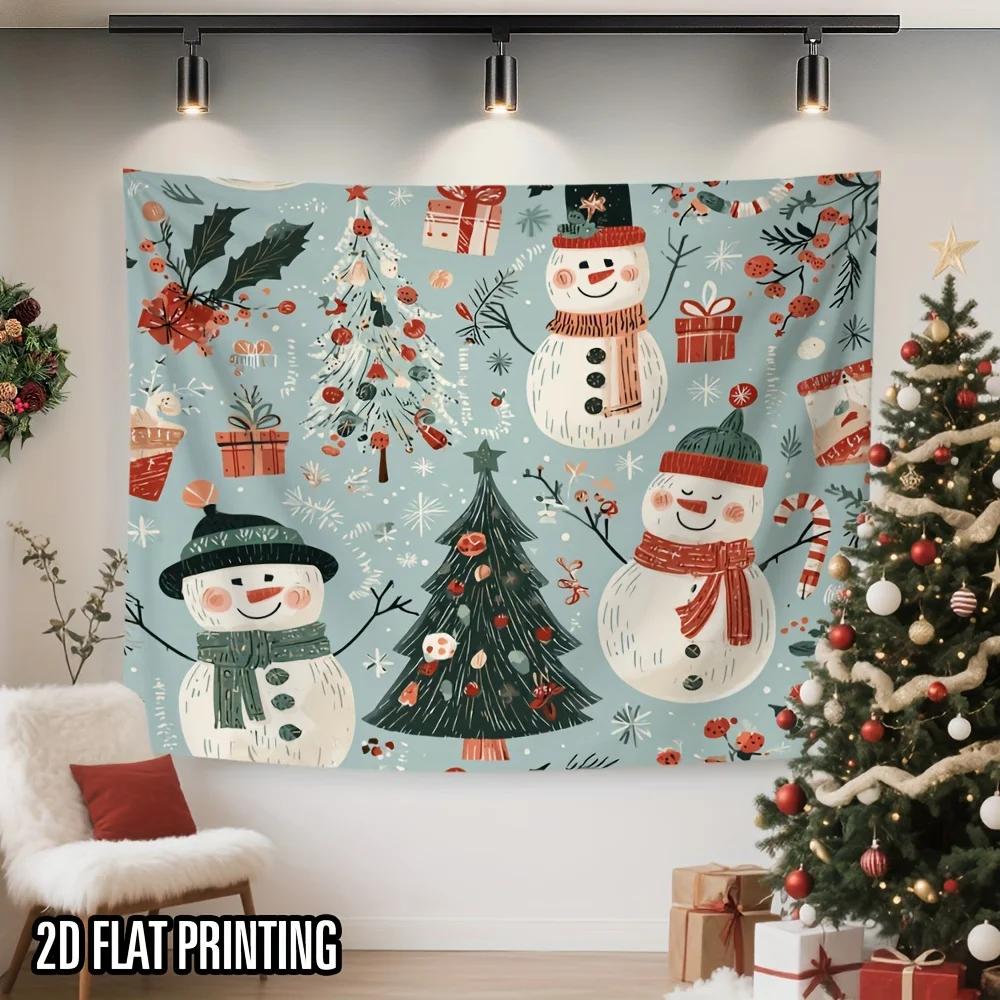 2D Flat, 1pc Winter Snowman Christmas Tapestry - Turquoise & Red Snowflakes Winter Scene with Snowmen, Durable Polyester Fabric