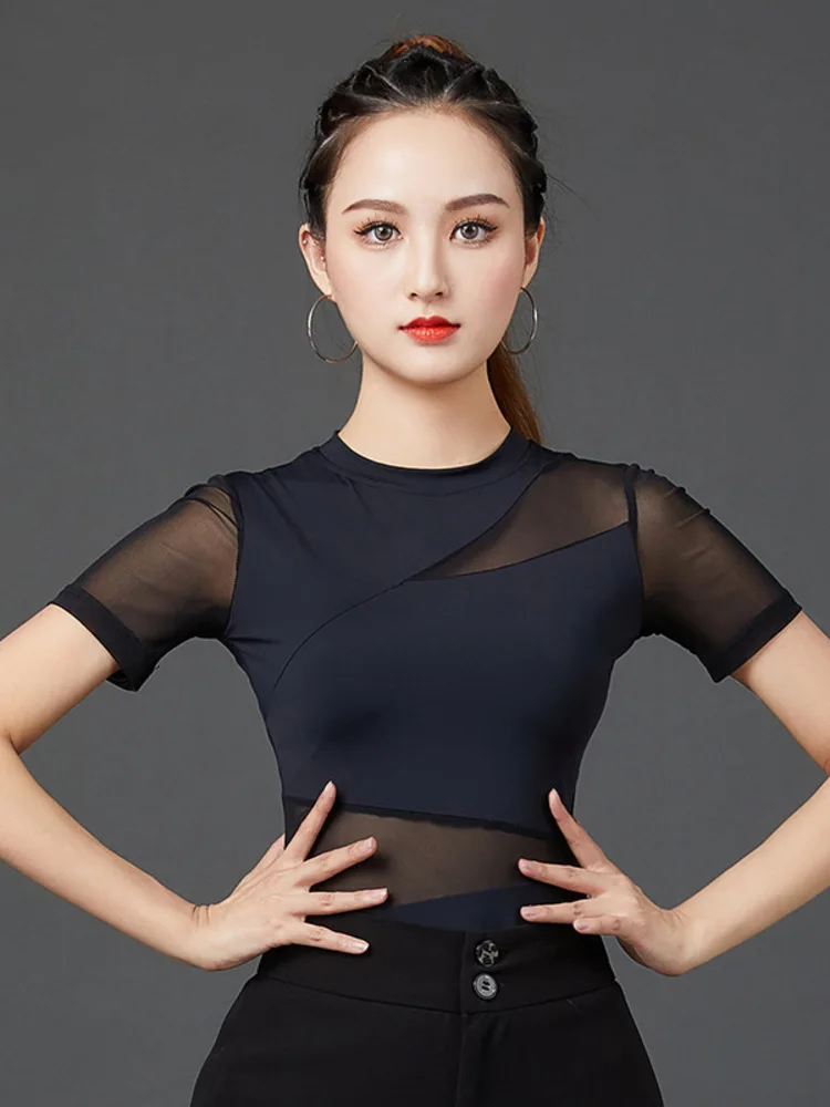 Ladies Dance Shirt Mesh Patchwork Slim Fit Clubwear Latin Cha Cha Performance Top Breathable Lightweight Stretch Material