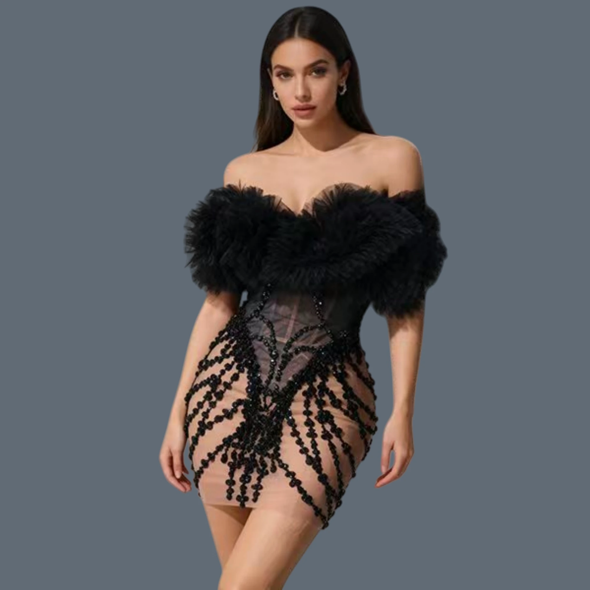 

Women Sexy Strapless Backless Black Diamond Mini Dress Party Birthday Costume Nightclub Singer Stage Performance Costume Songlu