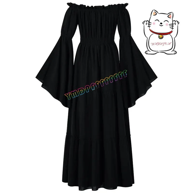 In stock medieval one collar open shoulder lotus leaf edge cosplay long sleeved Renaissance and floor length skirt Ha