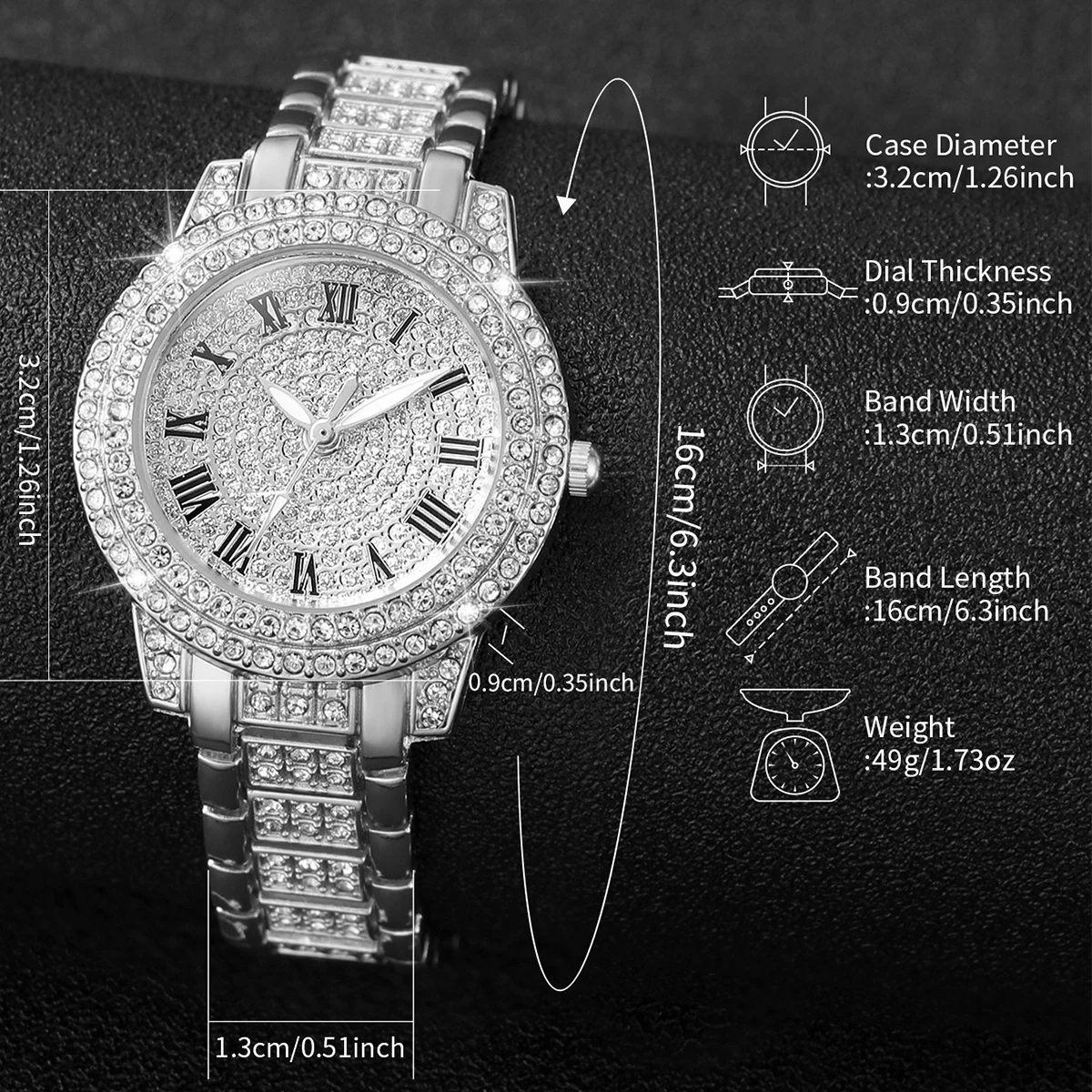 Full diamond silver shell Roman dial women's steel strap watch square rhinestone jewelry five piece set, not including gift box view 6