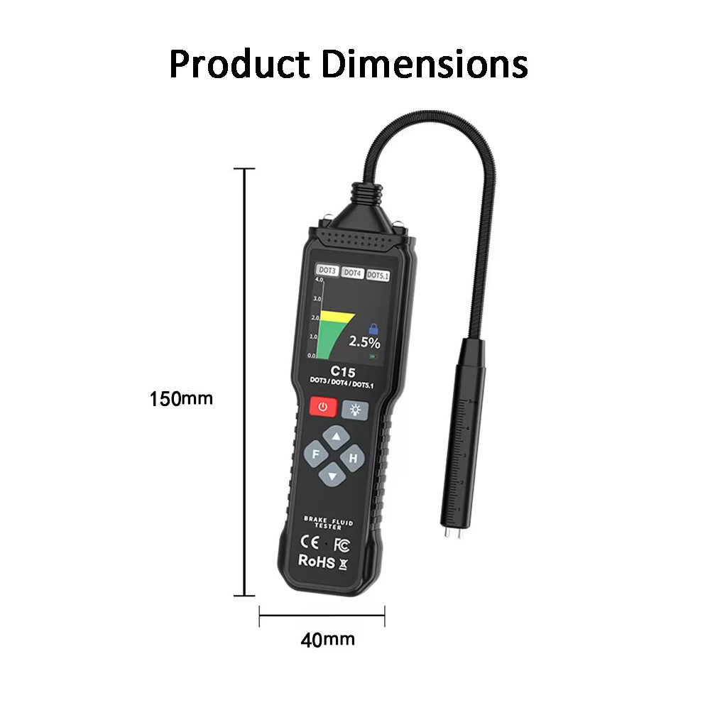 High Precision Brake Fluid Tester 360° Flexible Probe Brake Oil Moisture Detector with LED Data Hold Function for DOT3/4/5.1