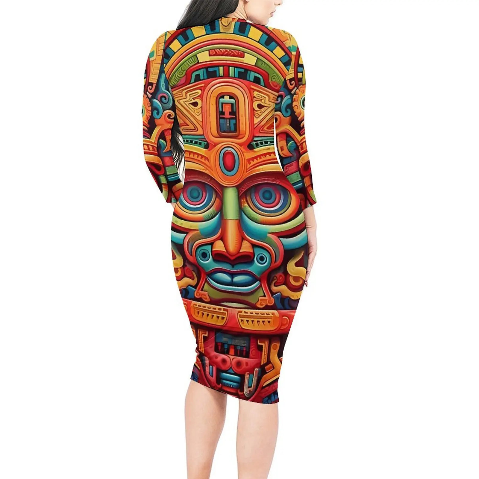 Abstract Aztec Art Dress Womens  Aesthetic Bodycon Dress Spring Long Sleeve Elegant Dresses Design Oversize Clothes