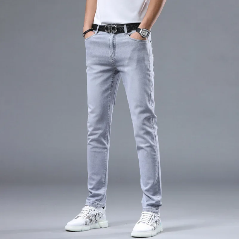 Pantalones vaqueros sencillos de color gris claro para hombre, Jeans ajustados, ligeros, de lujo, elásticos, a la moda, informales, combinan con todo, Primavera, 2024