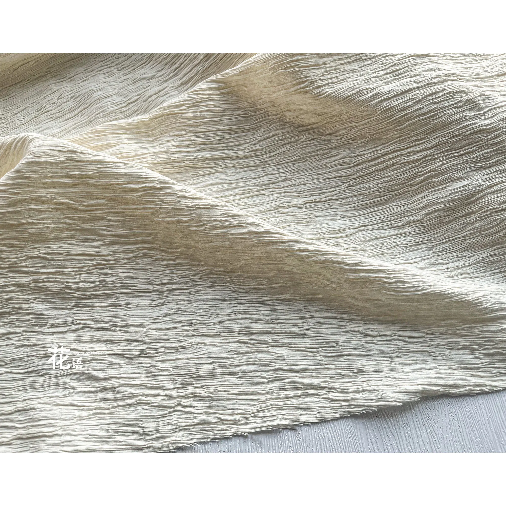 Ivory Bark Texture Jacquard Designer Fabric Crinkled Pleats with Raised Surface for Textile Art and Decorative Projects