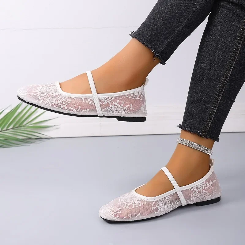 

New Fashion Women Chinese Style Gentle Wind Mesh Soft-sole Flat Flat Bean Shoes Women's Ba Retro Single Flat Shoes
